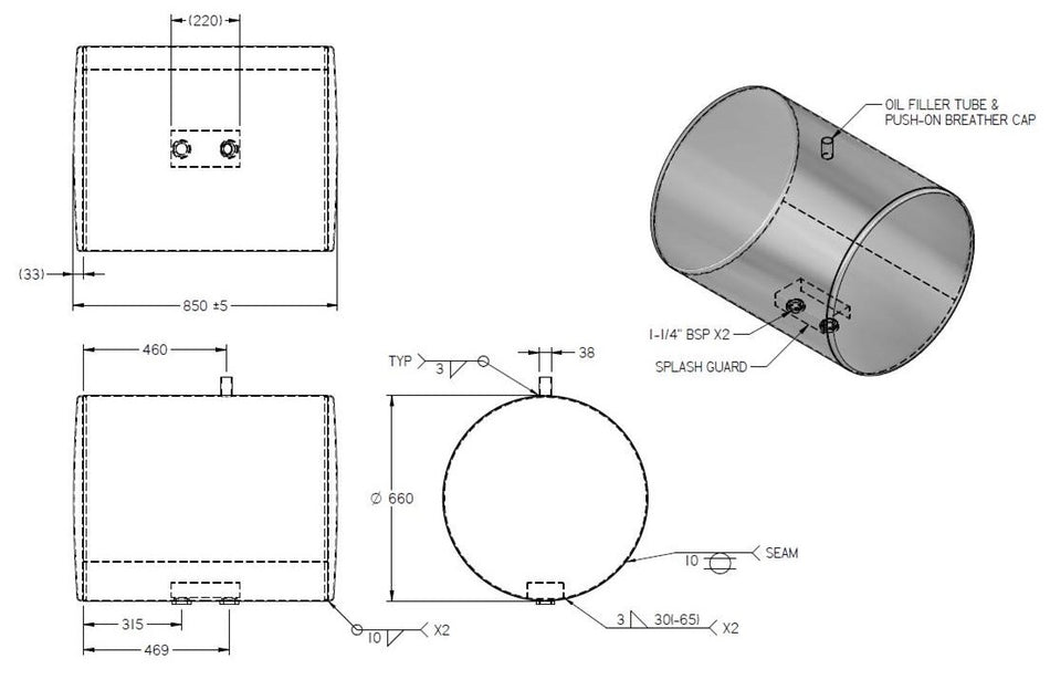 Tank Aluminium - Round Hydraulic Aluminium Oil Tank - 265L, 26"x24.5" (660mm x 620mm) - Australian Made (Copy)